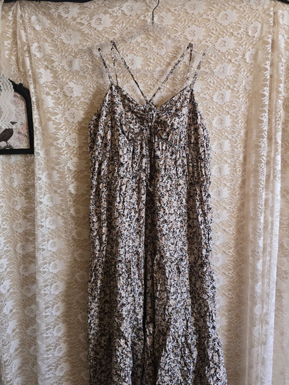 Cross Straps Tiered Maxi - Neutral Dresses - Neutral Floral Maxi Dress - Tank